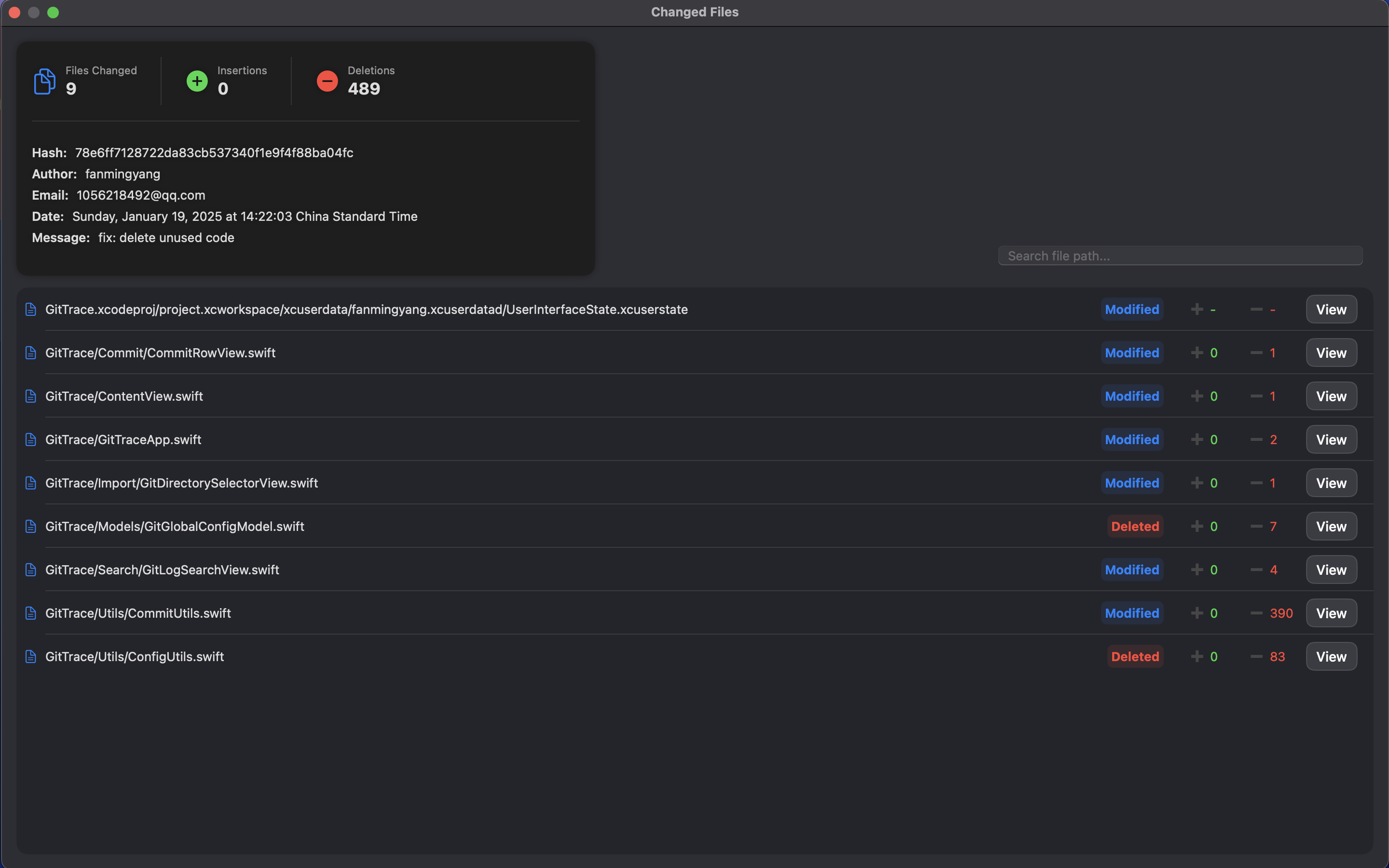 Changed Files View - Dark